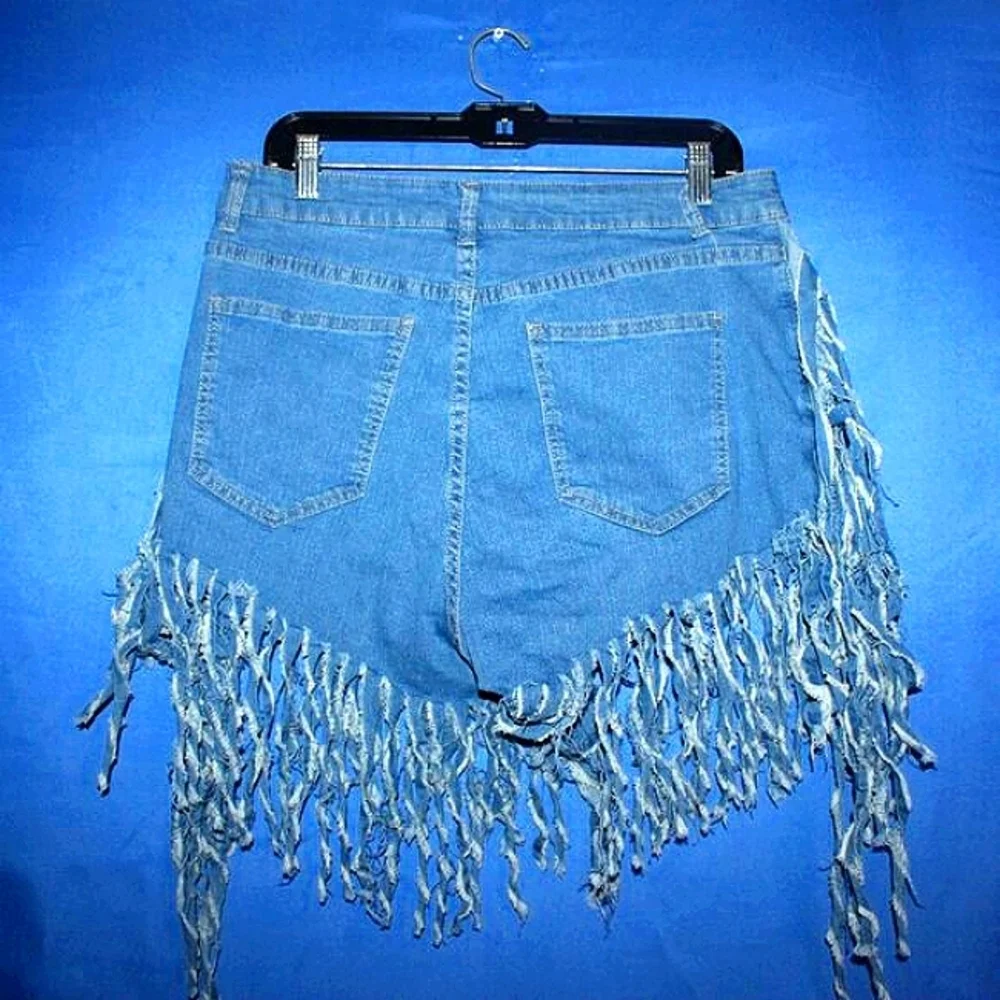 Shein Curve Fringe Denim Shorts Blue 1XL